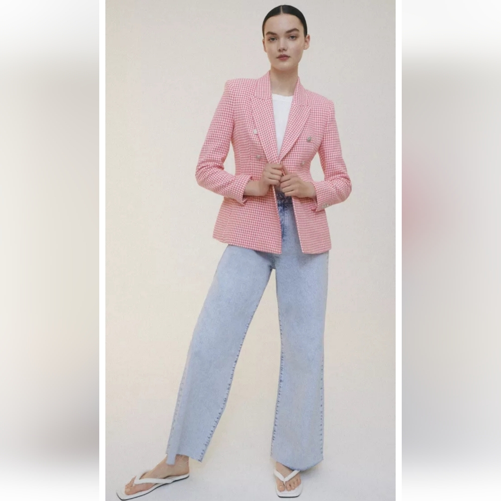 ZARA Pink Tailored Houndstooth Blazer Size: XSmall